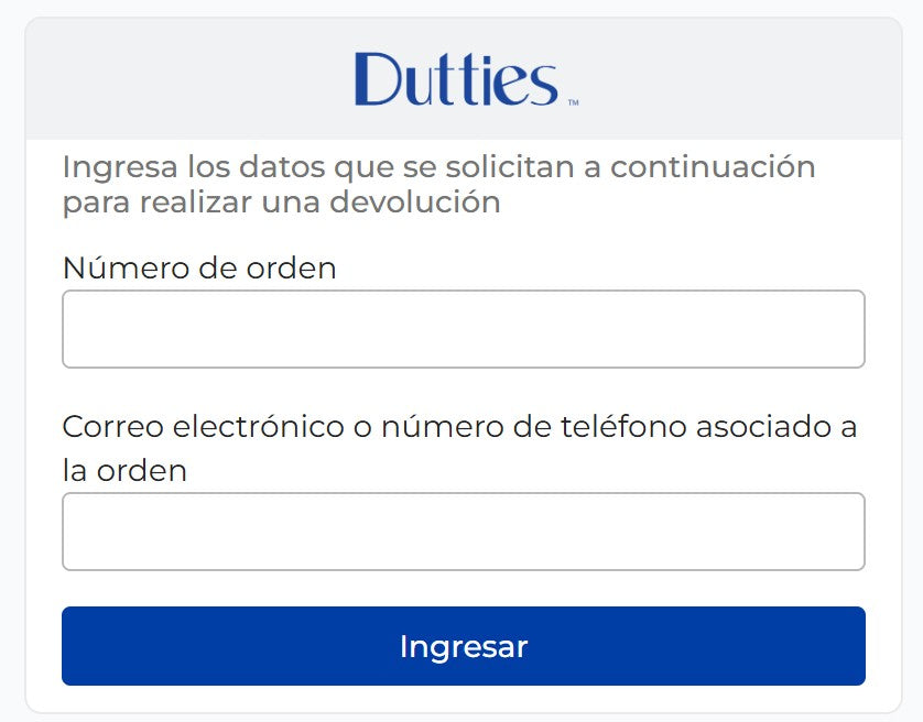 Ingresar número de orden y datos asociados para solicitar una devolución en Dutties