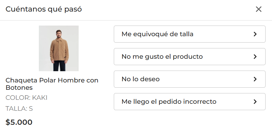 Seleccionar el motivo de devolución del producto en Dutties