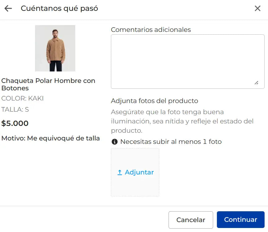 Agregar comentarios y fotografías del producto para la devolución