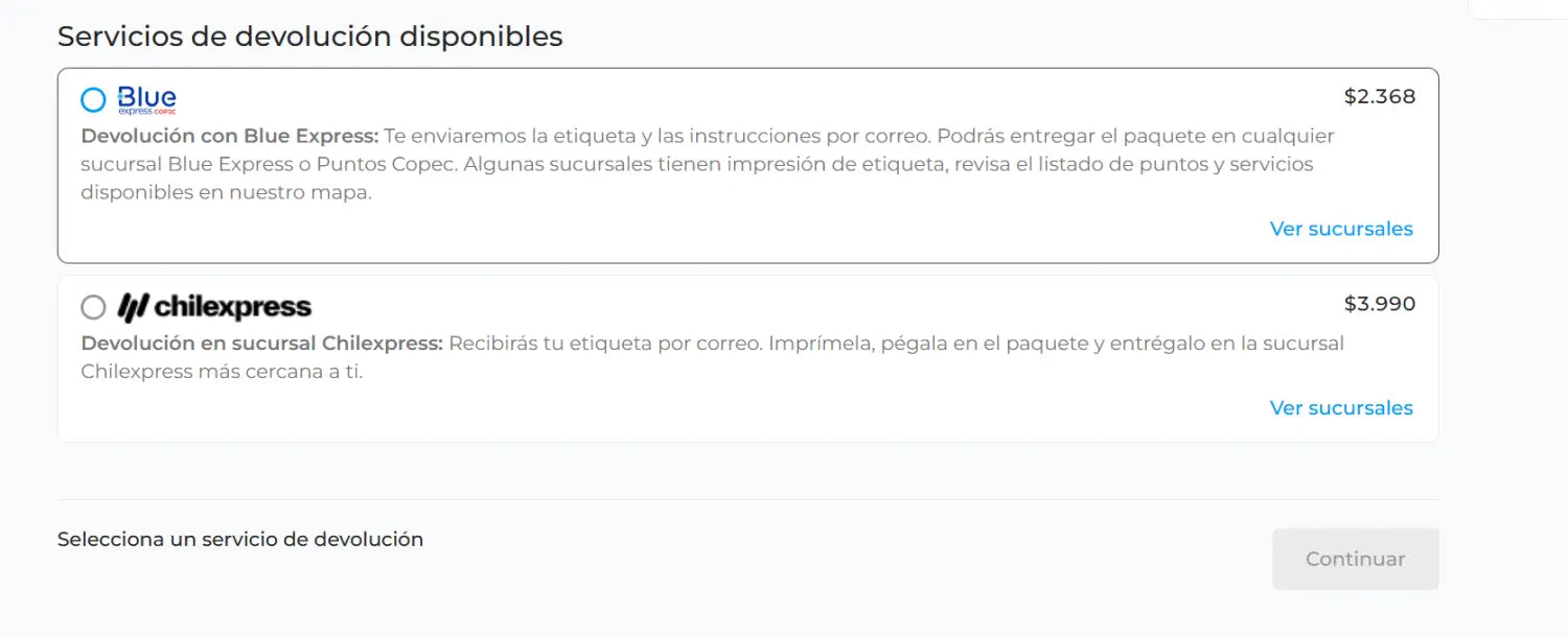 Seleccionar Blue Express o Chilexpress para enviar la devolución