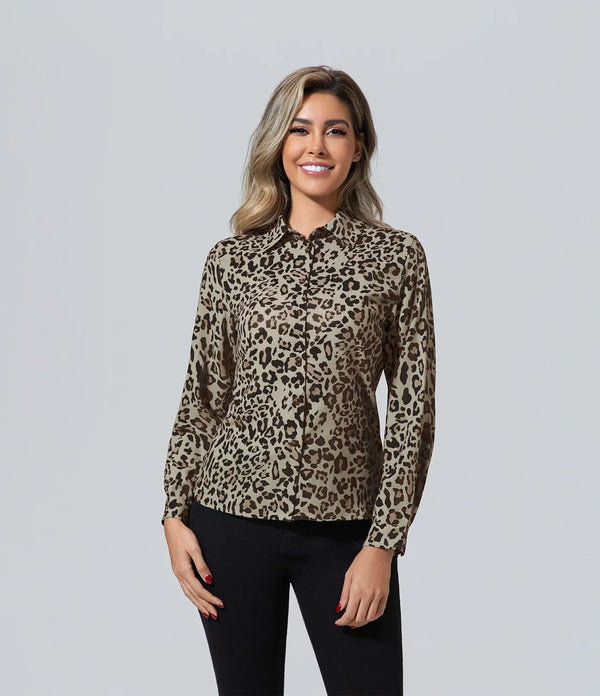 Blusa Mujer Animal Print mujer de manga larga leopardo Blusa, Básico, Elegant, Escape From The Wilderness, Manga