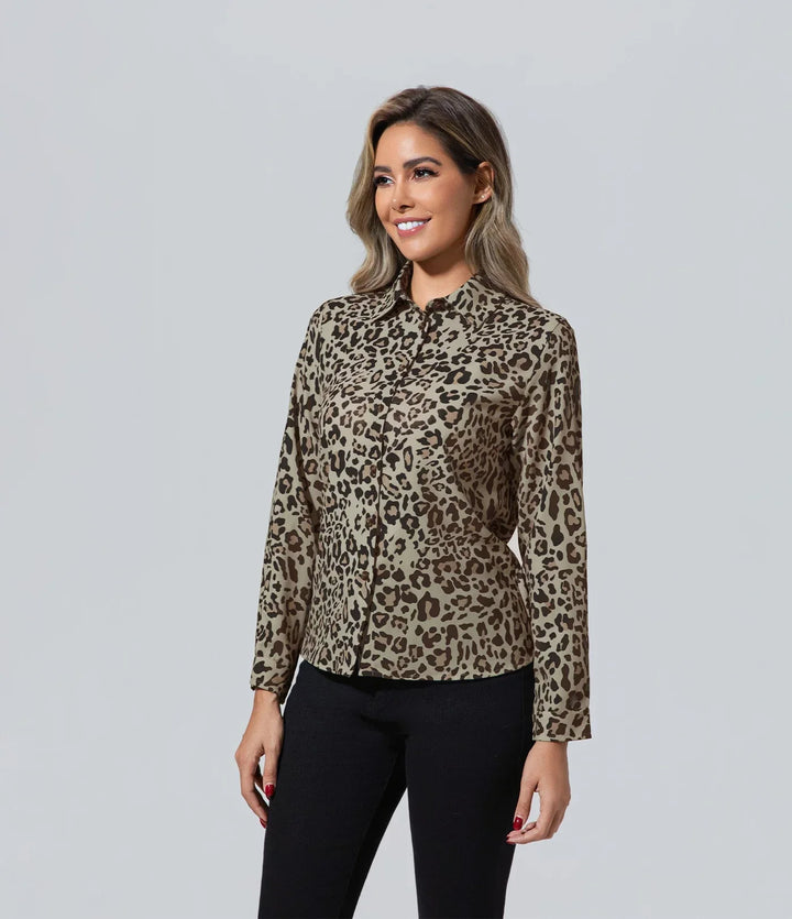 Blusa Mujer Animal Print mujer de manga larga leopardo Blusa, Básico, Elegant, Escape From The Wilderness, Manga