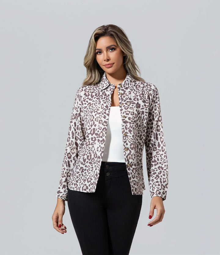 Blusa Mujer Animal Print de las mujeres beige marrón Blusa, Básico, Elegant, Escape From The Wilderness, Manga larga