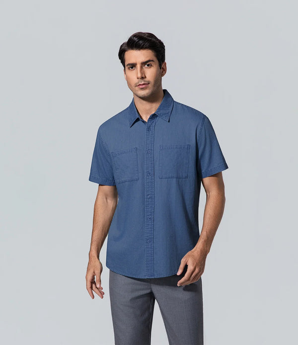 Camisa de algodón azul para hombre los hombres manga corta Algodón, Básico, Camisa, Casual, Hombre
