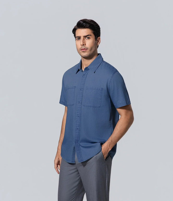 Camisa de algodón azul para hombre los hombres manga corta con collar Algodón, Básico, Camisa, Casual, Hombre