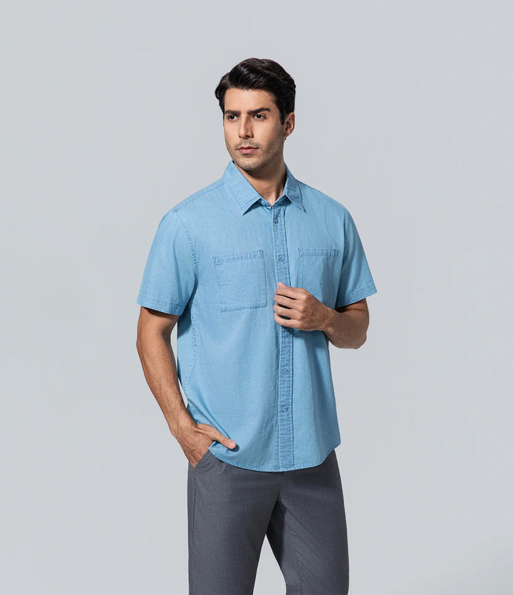 Camisa de algodón azul para hombre los hombres manga corta luz Algodón, Básico, Camisa, Casual, Hombre