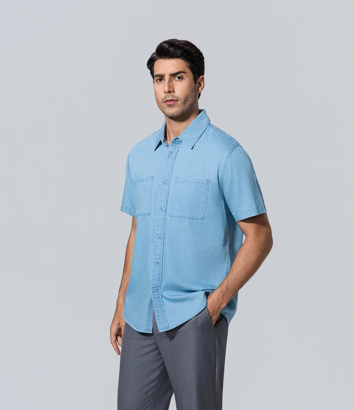 Camisa de algodón azul para hombre luz manga corta Algodón, Básico, Camisa, Casual, Hombre