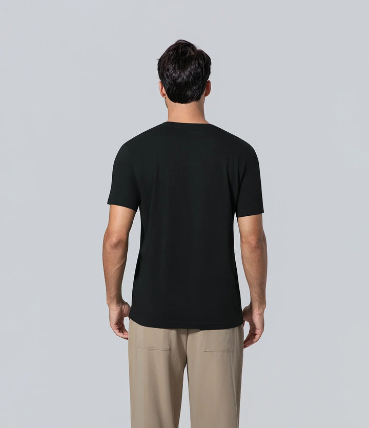 Camiseta cuello en V para hombre de los hombres negro manga corta