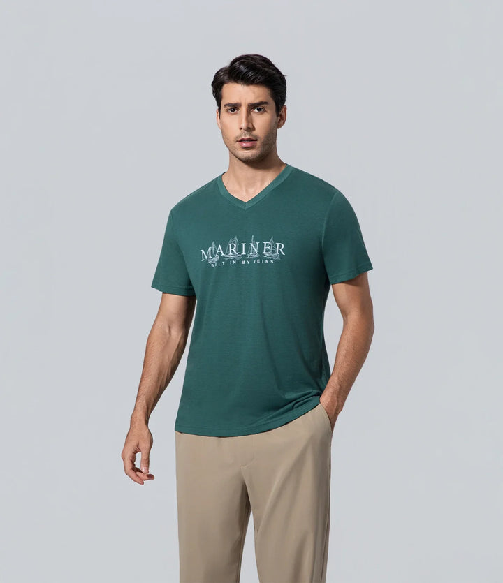 Camiseta cuello en V para hombre de los hombres oscuro verde azulado
