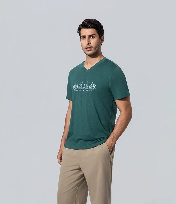 Camiseta cuello en V para hombre de los hombres oscuro verde azulado