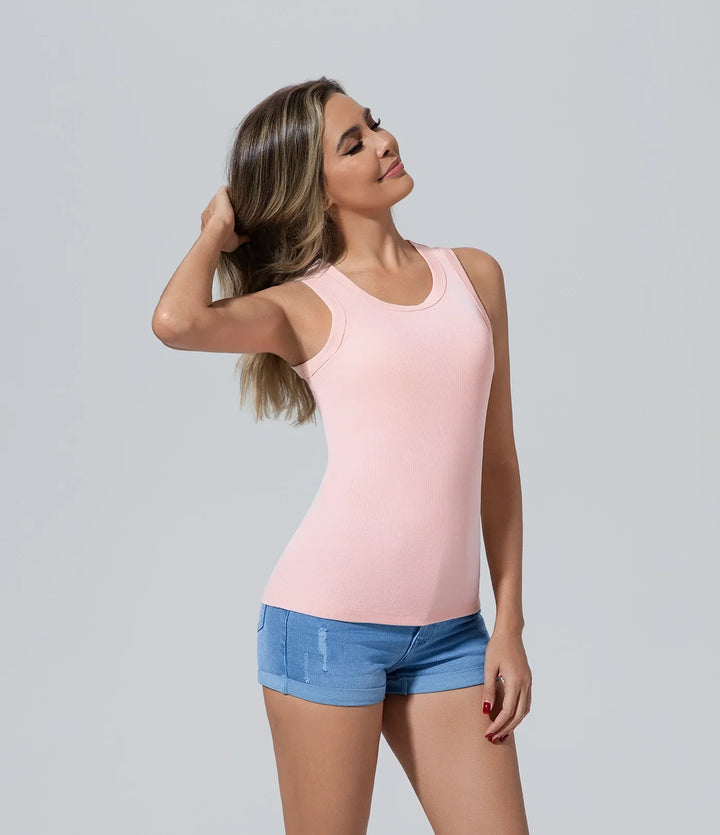 Camiseta sin manga de mujer luz rosa acanalado Básico, Camiseta, Casual, Chaleco, Cuello redondo