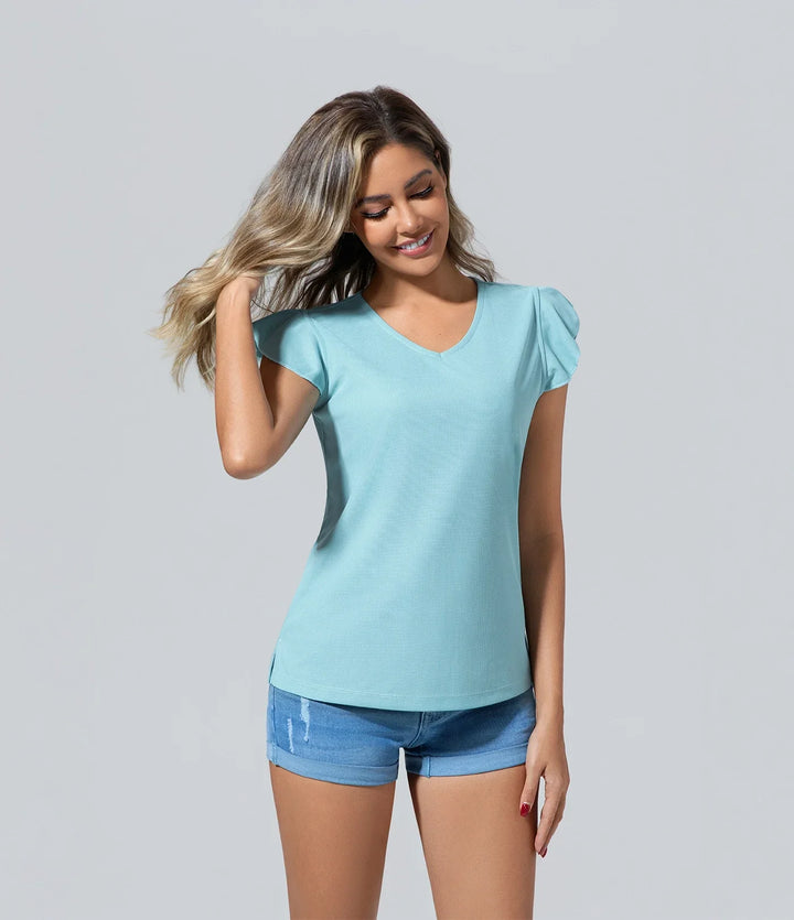 Camiseta de mujer con cuello V luz azul manga corta Básico, Camiseta, Casual, Cuello V, Elegant