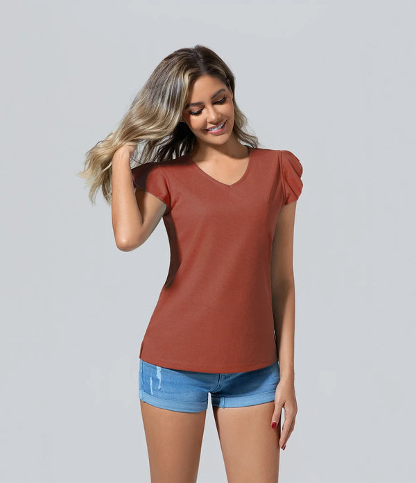 Camiseta de mujer con cuello V las mujeres manga corta en v Básico, Camiseta, Casual, Cuello V, Elegant