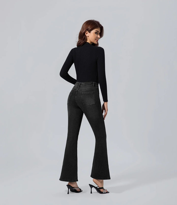 Jeans acampanados mujer negro de talle alto resplandor Algodón, Bottom, Básico, Casual,