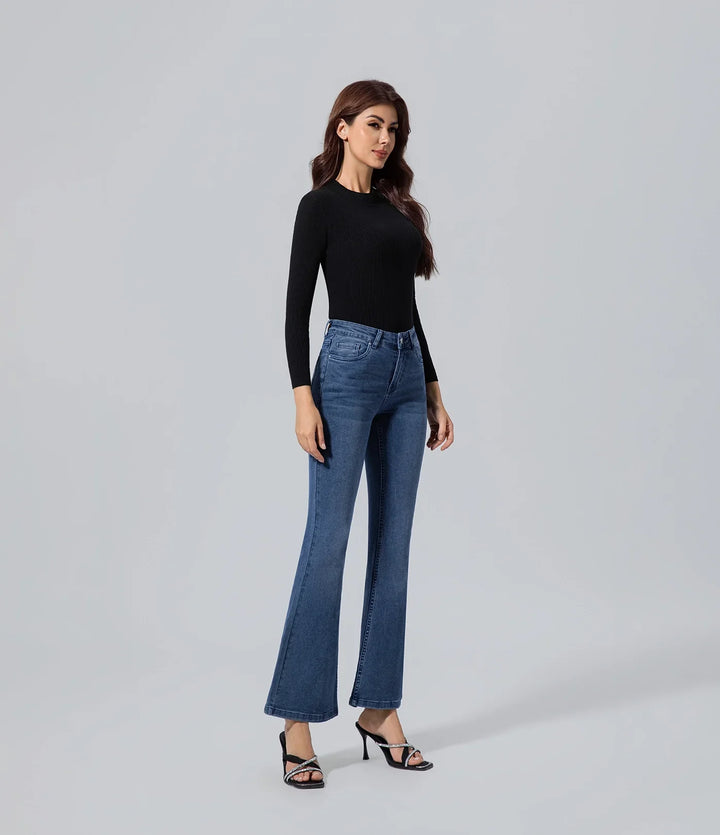 Jeans acampanados mujer oscuro azul de talle alto Algodón, Bottom, Básico, Casual,