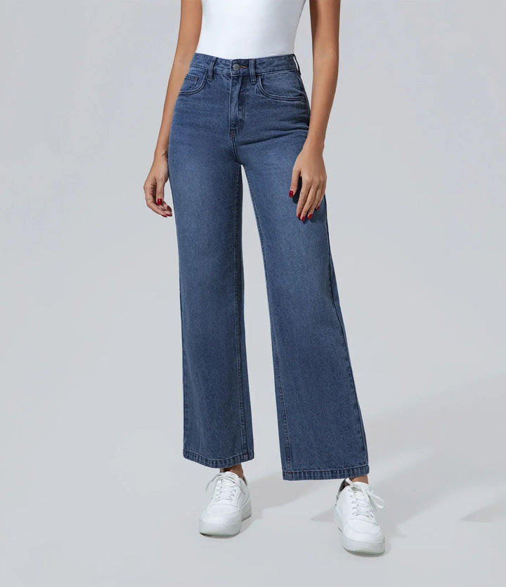 Jeans de mujer con bolsillos las mujeres cintura alta pierna ancha Bolsillo, Casual, Jeans, Moda, Mujer