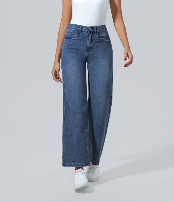 Jeans de mujer con bolsillos las mujeres cintura alta pierna ancha Bolsillo, Casual, Jeans, Moda, Mujer
