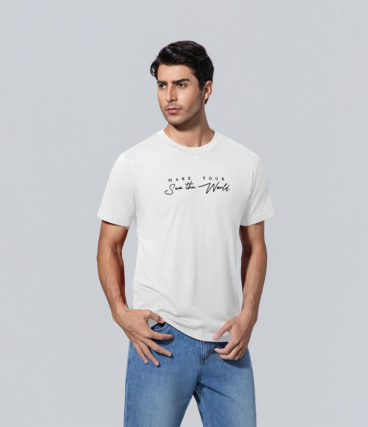 Polera manga corta para hombre de los hombres blanco cuello redondo