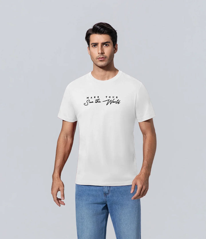 Polera manga corta para hombre de los hombres blanco cuello redondo