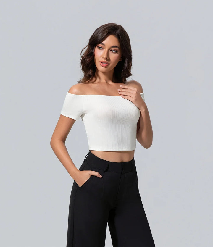 Polera Mujer Off Shoulder blanco hombros descubiertos acanalado Camisetas, Casual, Elegant, Key, Moda
