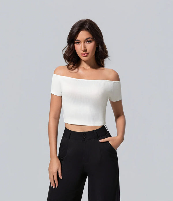 Polera Mujer Off Shoulder blanco hombros descubiertos cultivo Camisetas, Casual, Elegant, Key, Moda