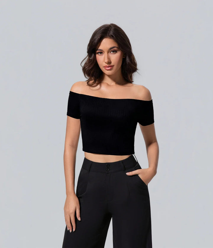 Polera Mujer Off Shoulder negro hombros descubiertos cultivo Camisetas, Casual, Elegant, Key, Moda