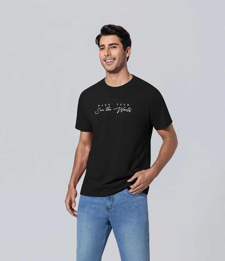 Poleras de hombre manga corta los hombres negro Camiseta, Casual, Commanding confidence, Cuello redondo, Estampado