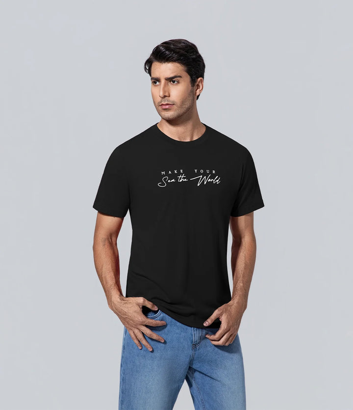 Poleras de hombre manga corta los hombres negro Camiseta, Casual, Commanding confidence, Cuello redondo, Estampado