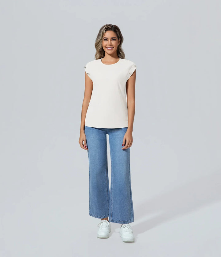 Poleras de mujer elegante y moda color crema sin mangas Camisetas, Casual, Cuello redondo, Elegant, Moda
