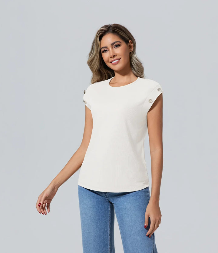 Poleras de mujer elegante y moda manga corta blanquecino Camisetas, Casual, Cuello redondo, Elegant, Moda