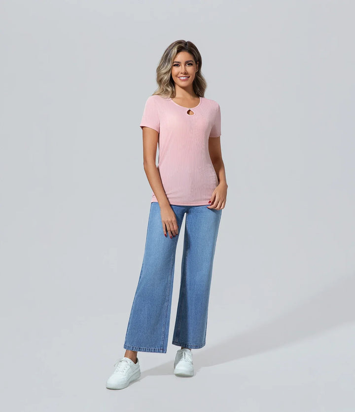 Poleras de mujer elegantes luz rosa manga corta Básico, Camiseta, Casual, Cuello redondo, Elegant