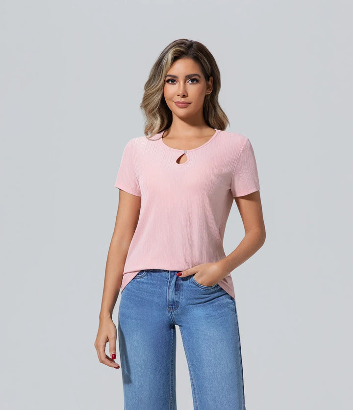 Poleras de mujer elegantes manga corta rosa Básico, Camiseta, Casual, Cuello redondo, Elegant