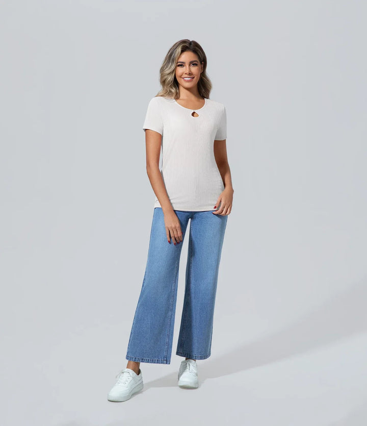 Poleras de mujer elegantes las mujeres blanquecino manga corta Básico, Camiseta, Casual, Cuello redondo, Elegant