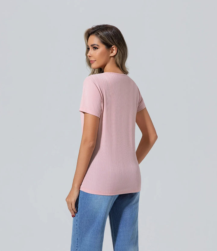 Poleras de mujer elegantes las mujeres manga corta rosa Básico, Camiseta, Casual, Cuello redondo, Elegant