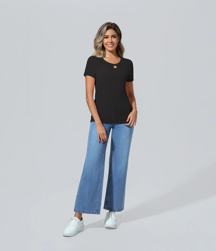 Poleras de mujer elegantes negro manga corta Básico, Camiseta, Casual, Cuello redondo, Elegant