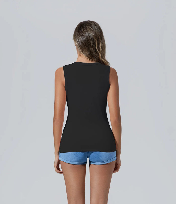 Poleras de mujer sin manga negro mangas Camiseta, Casual, Cuello redondo, Elegant, Enjoy life slowly