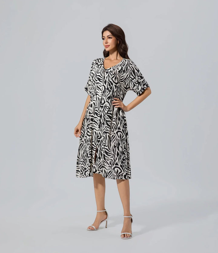 Vestido oversize con estampado floral negro blanco abstracto Casual, Chronicles of Time, Cuello V, Elegant, Flor