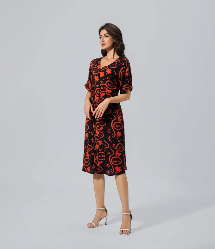 Vestido oversize con estampado floral negro rojo Casual, Chronicles of Time, Cuello V, Elegant, Flor