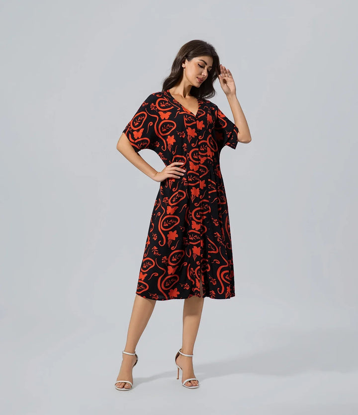 Vestido oversize con estampado floral negro rojo Casual, Chronicles of Time, Cuello V, Elegant, Flor