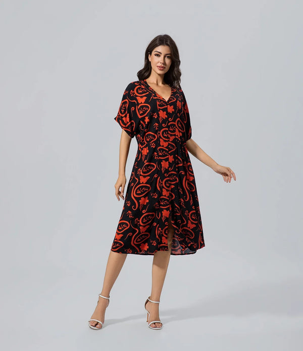 Vestido oversize con estampado floral negro rojo Casual, Chronicles of Time, Cuello V, Elegant, Flor