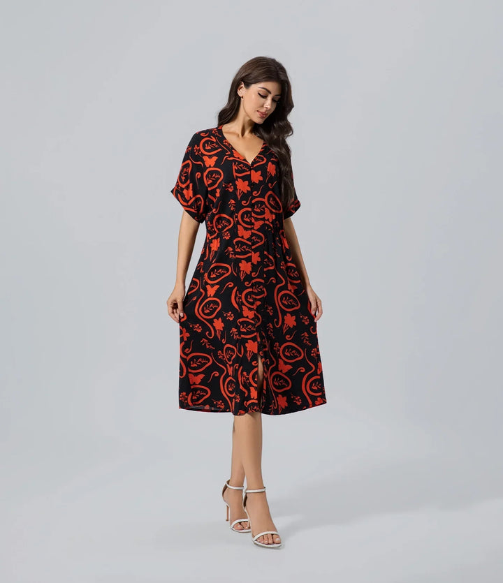 Vestido oversize con estampado floral rojo negro Casual, Chronicles of Time, Cuello V, Elegant, Flor