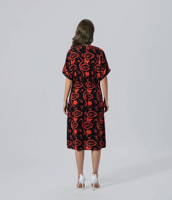 Vestido oversize con estampado floral rojo negro Casual, Chronicles of Time, Cuello V, Elegant, Flor